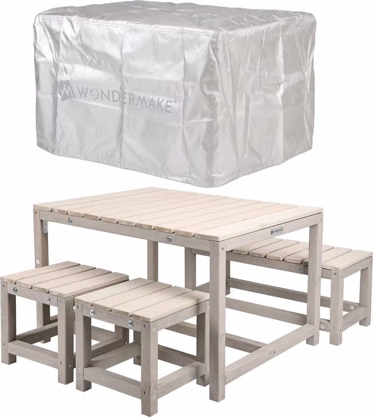 WONDERMAKE® Design set di sedute per bambini in legno per giardino esterno con copertura set di sedute per bambini gruppo picnic interno da 3 anni set di mobili da giardino grigio beige