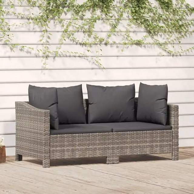 Set da giardino moderno vidaXL composto da divano a 2 posti e cuscini in tessuto grigio con struttura in metallo e rattan – 1