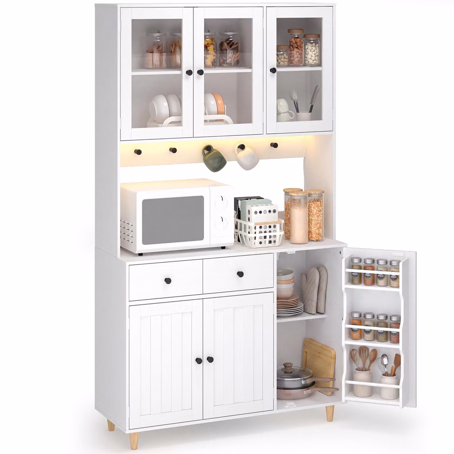 Armadio alto per cucina BEALIFE, 98x38x180 cm, con barra luminosa a LED, presa di corrente e vetrina in acrilico | Nero/Bianco AP136