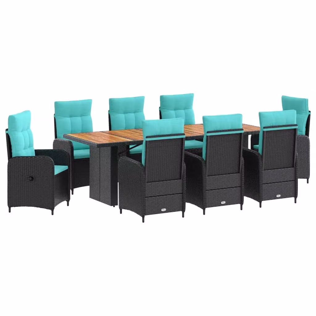 Set da pranzo per esterni vidaXL in polyrattan e legno di acacia, 9 pezzi, Nero e Turchese, L: 240 cm, P: 90 cm, H: 75 cm – 2