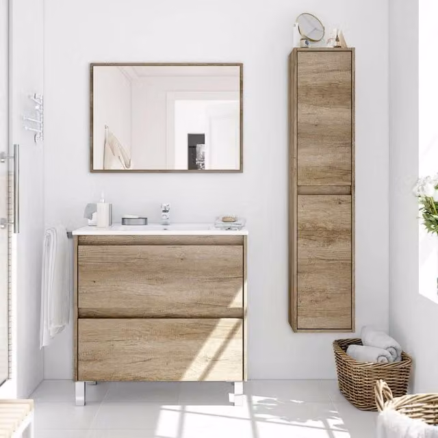 Moncalvo, set Mobili Bagno Specchio Incluso, Marrone Quercia