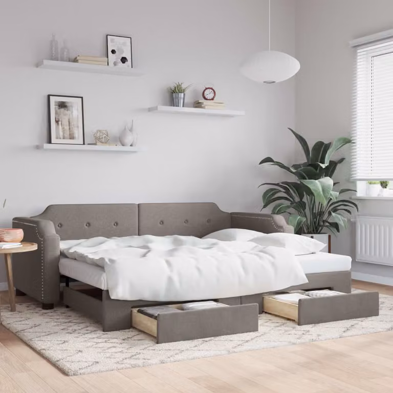 vidaXL Divano Letto Estraibile con Cassetti in Tessuto, Colore Tortora/Grigio/Beige, L/P/H: 90 x 200 cm