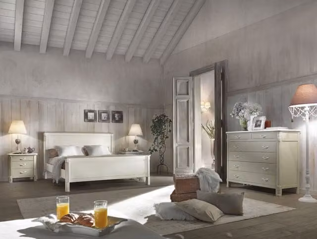 Set camera matrimoniale shabby chic in legno di pino e pioppo Mobili 2G bianco e grigio L: 183 cm, P: 214 cm, H: 110 cm