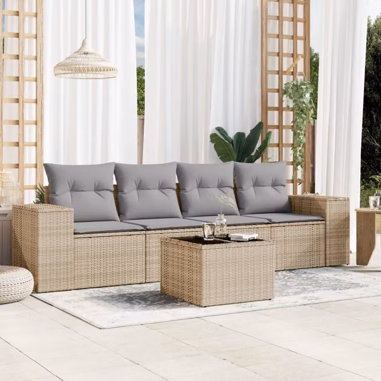 vidaXL Set Divano da Giardino 5 Pezzi Moderno con Cuscini Beige e Tavolino in Metallo e Vetro
