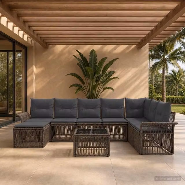 Set Divano da Giardino a Forma di U vidaXL in Polyrattan Grigio con Tavolino e Ottoman, 9 Pezzi
