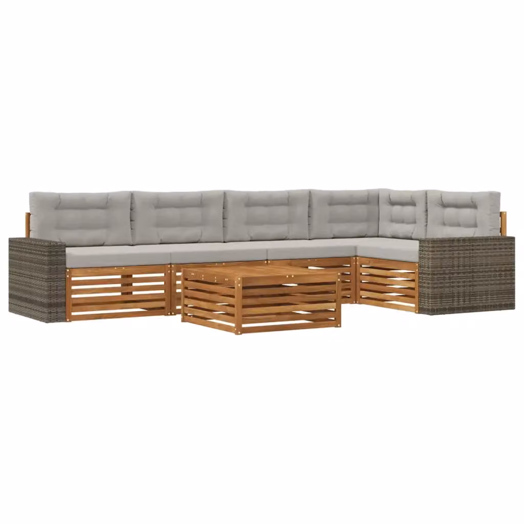 Set di divani da esterno vidaXL a forma di L con tavolino, 6 pezzi, in legno di acacia e tessuto beige e grigio – 2