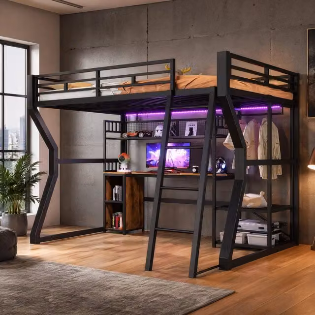 Letto a soppalco in metallo 140x200 cm con scrivania, appendiabiti, luce regolabile e presa, colore nero