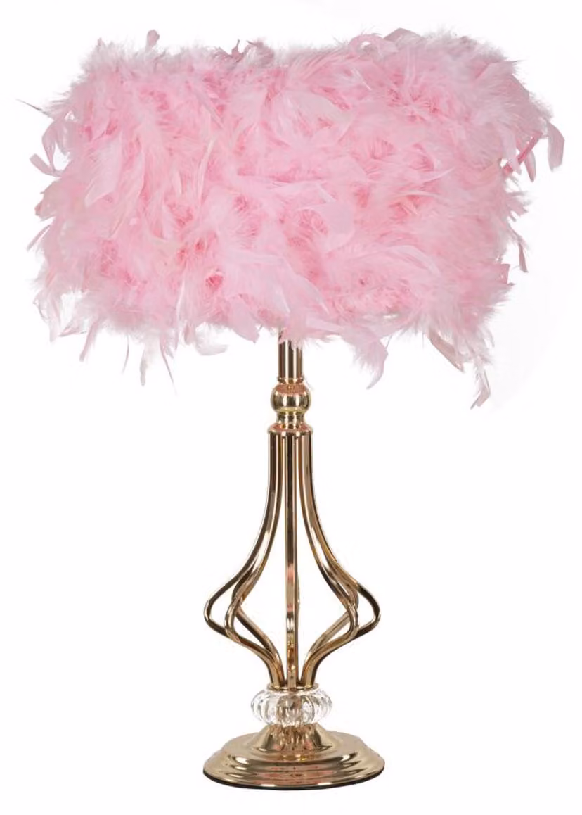Lampada da tavolo Tarty Rosa in metallo con paralume in piume rosa
