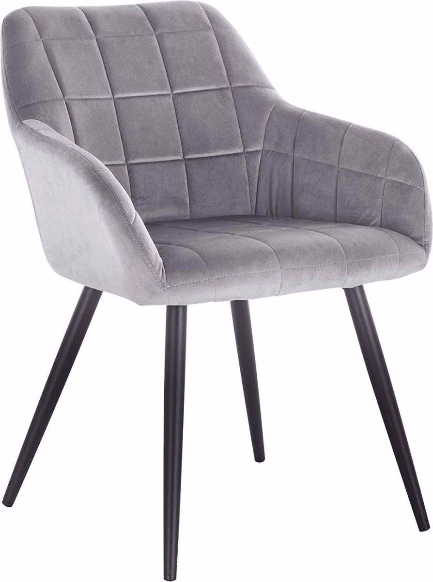 Sedia da pranzo Happyment Serverino – Velluto grigio – Gambe in metallo nero – Sedia singola – Poltrona – Con braccioli – Moderna e lussuosa – Altezza seduta 47 cm – 1 pezzo