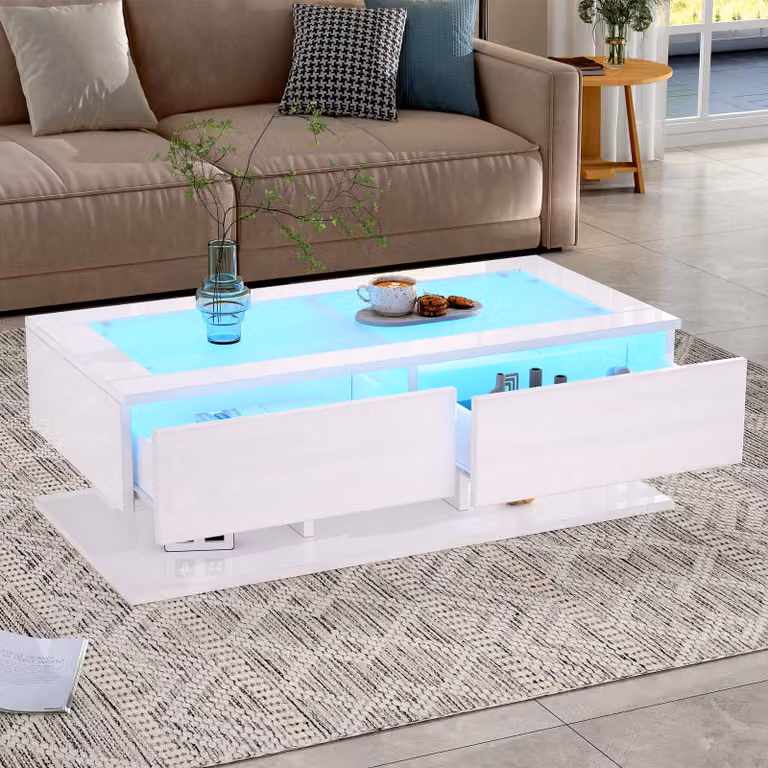 Tavolino STILVORA con 2 cassetti, tavolino da salotto lucido con illuminazione a LED, tavolino da divano in truciolato con piano in vetro, bianco