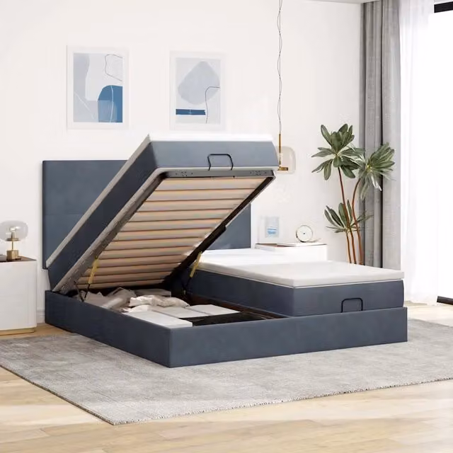 Letto con contenitore a sollevamento vidaXL in velluto grigio e bianco con porta USB e illuminazione sottostante L: 200 cm, P: 200 cm, H: 280 cm