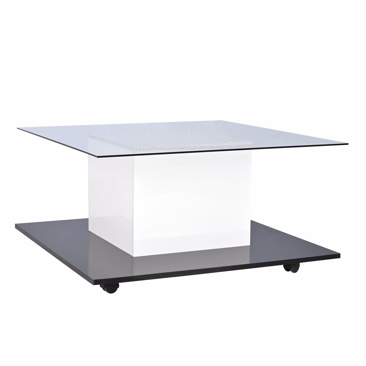 Tavolino da salotto moderno GL Store in vetro lucido con ruote girevoli, L/P/H: 80 x 80 x 40 cm, Bianco e nero – 2