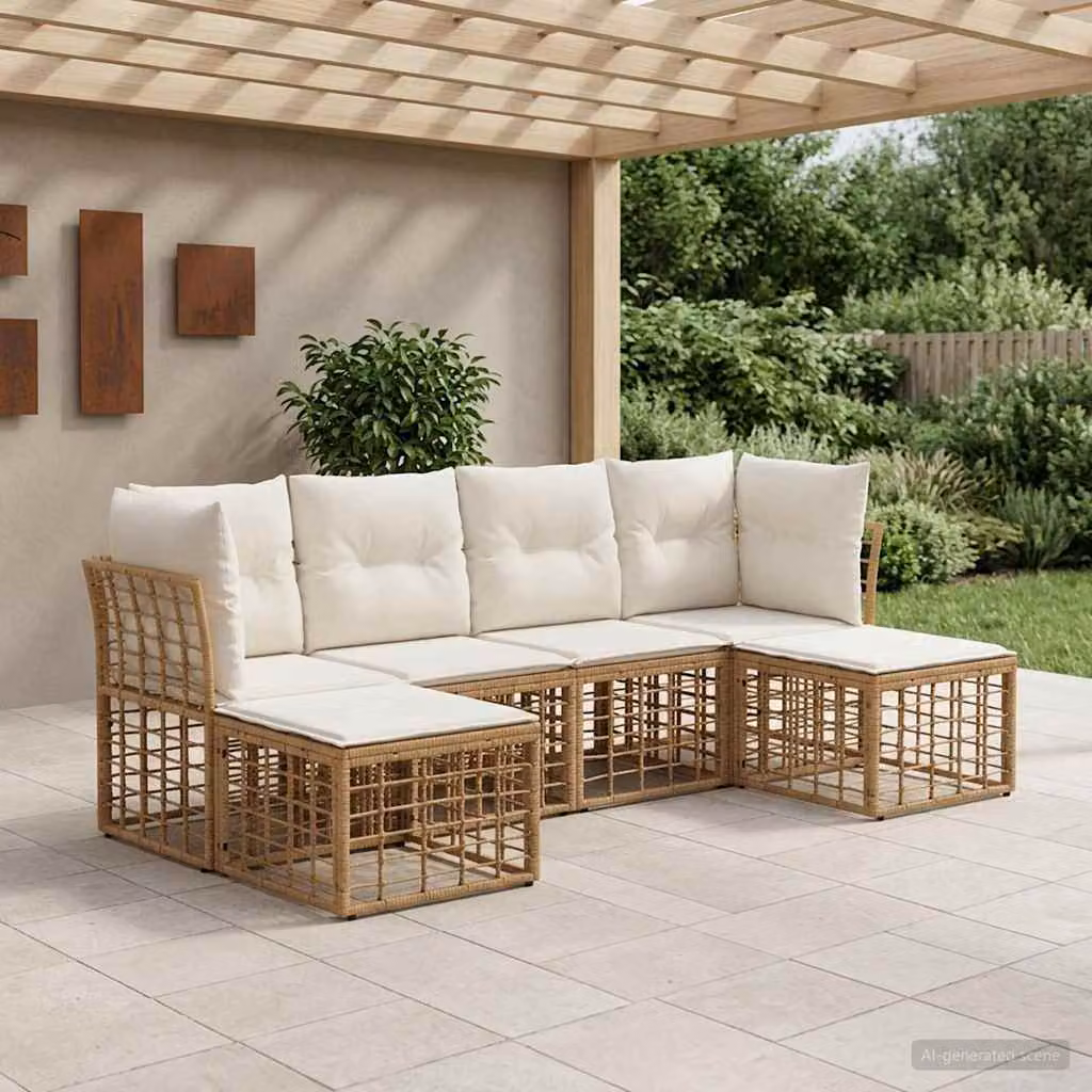 Set di divani da esterno vidaXL in polyrattan con cuscini beige e marrone, design moderno a L con divano a 2 posti, elemento angolare e pouf