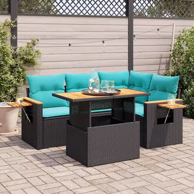 Set Divani da Giardino 5 pz con Cuscini Nero Polyrattan Acacia 3327592