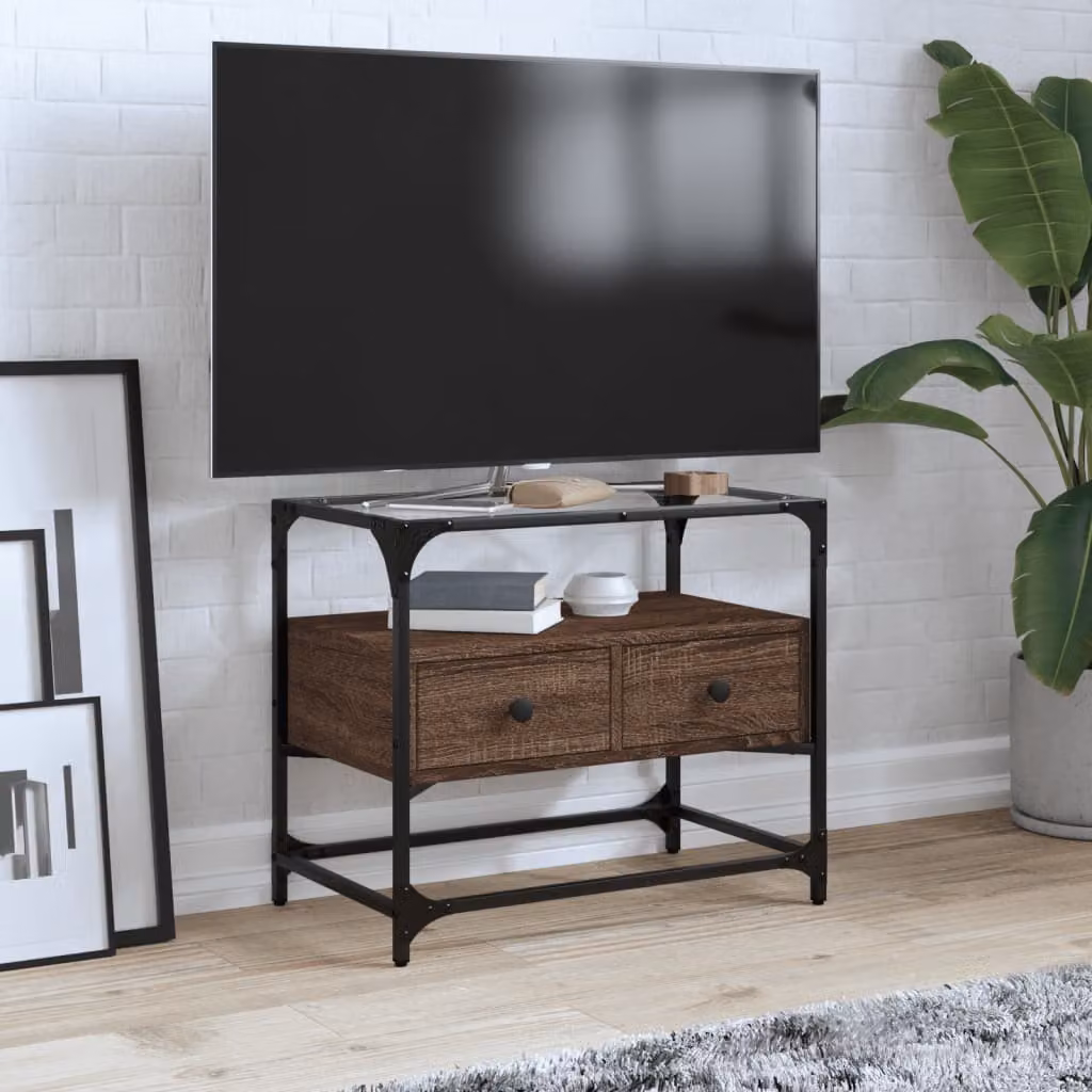 Mobile TV vidaXL in stile industriale con piano in vetro e legno rovere marrone, L 60 cm x P 35 cm x H 51 cm