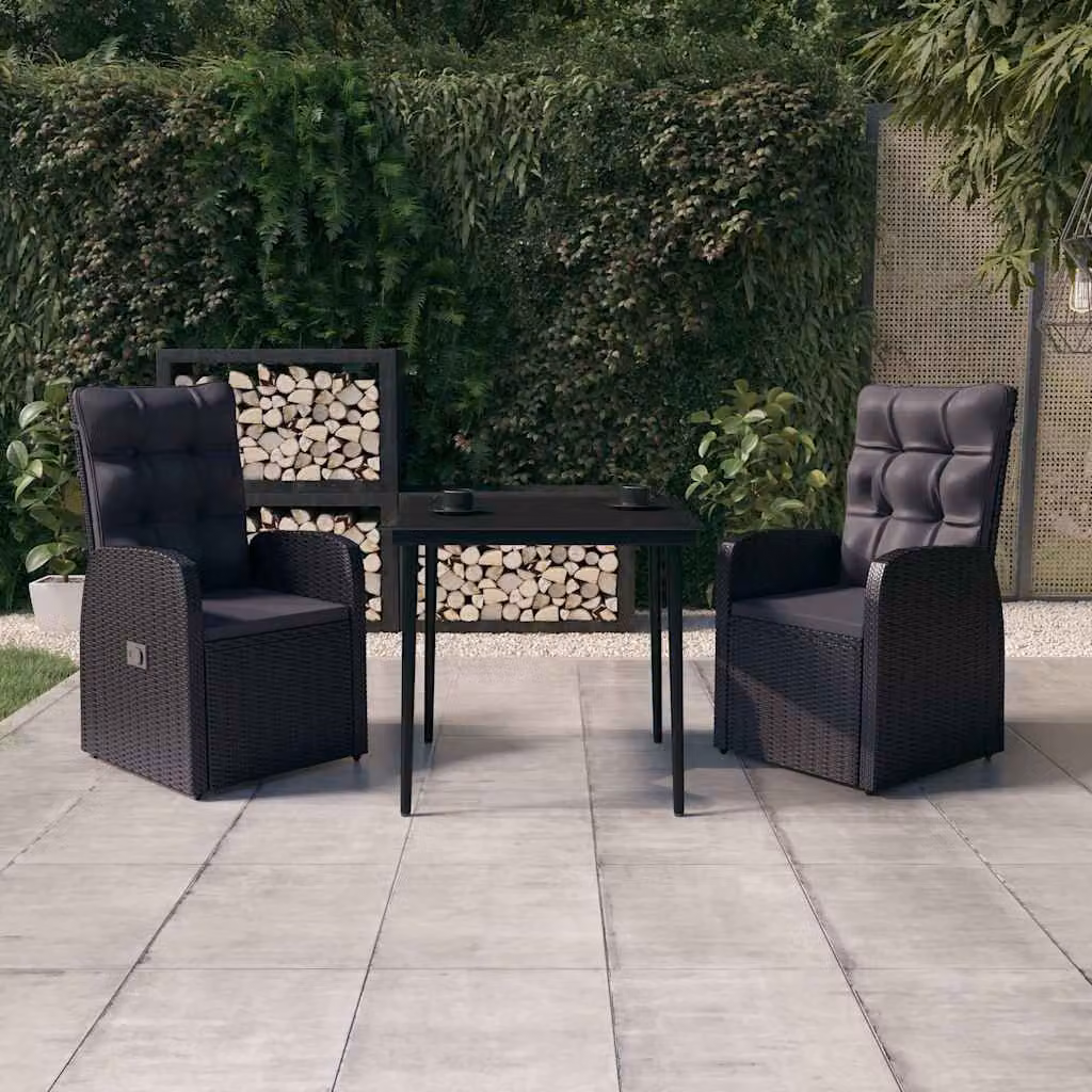 Set da Pranzo da Giardino vidaXL in Polyrattan Nero con Cuscini e Tavolo in Vetro