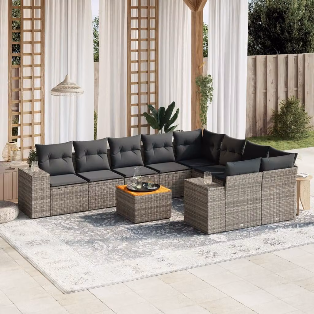 vidaXL Set Divano da Giardino 10 pz a Forma a L in Polyrattan Grigio con Cuscini e Tavolino – 1
