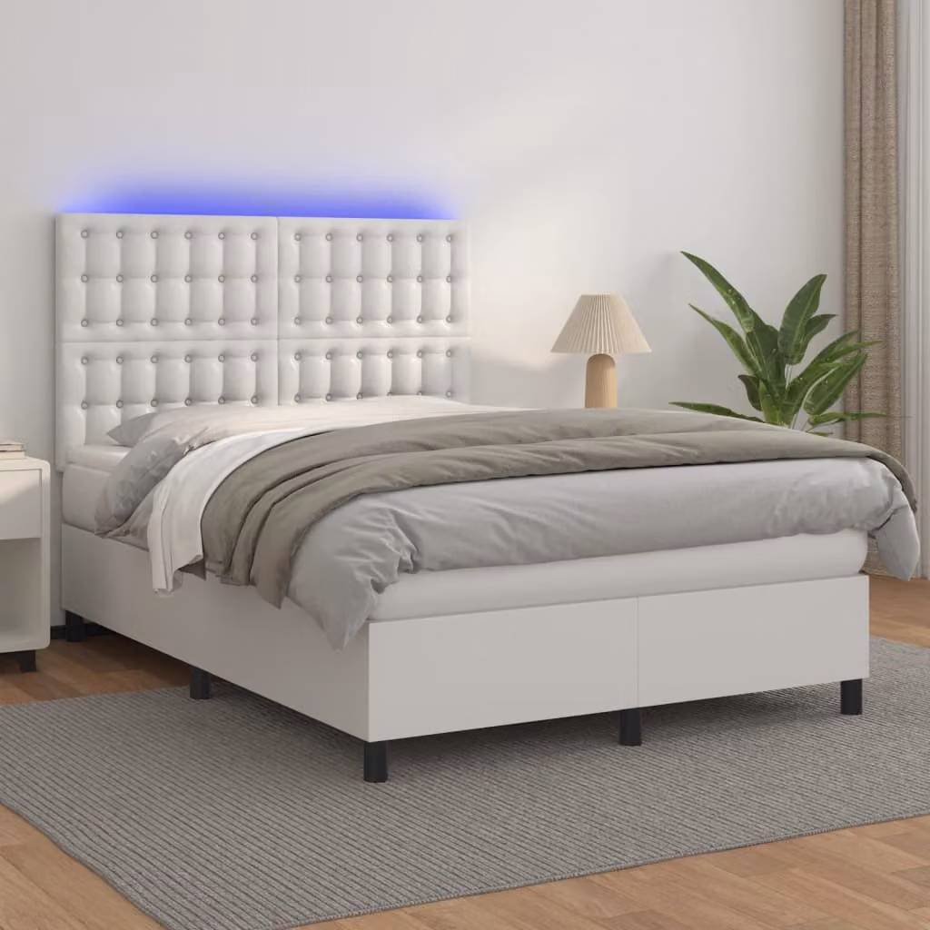 vidaXL Letto con Giroletto a Molle, Materasso Ibrido e Illuminazione LED, Rivestimento in Similpelle Bianca, L/P: 140 x 200 cm – 1