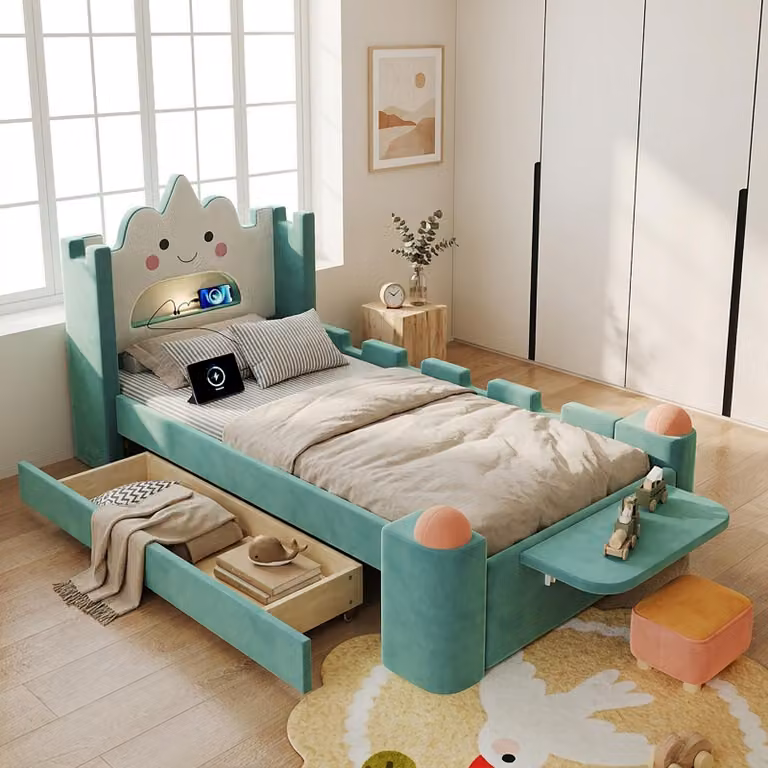 Letto imbottito Merax 90x200 cm, modello "nuvola", con lampada da lettura a LED e porta USB, letto per bambini con cassetto contenitore e ripiano pieghevole, completo di rete a doghe, colore blu-verde