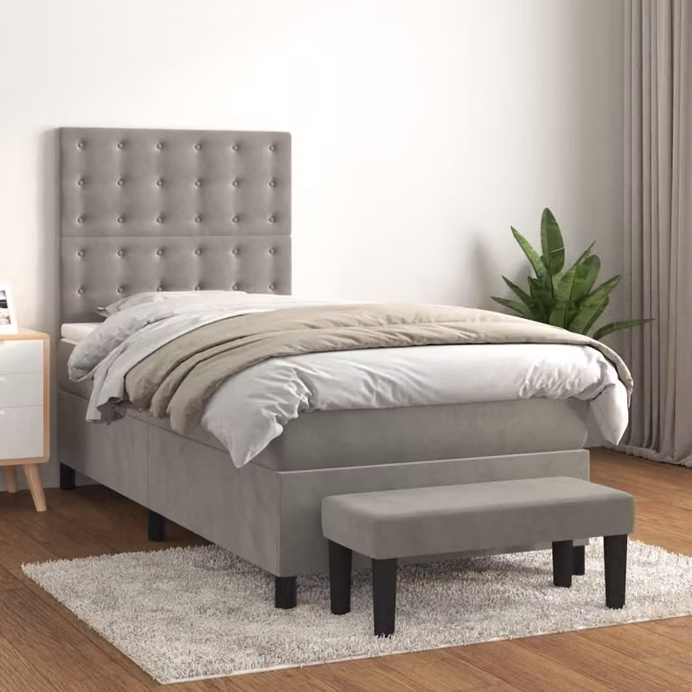 The Living Store Letto a molle con materasso grigio chiaro 90x190 cm in velluto