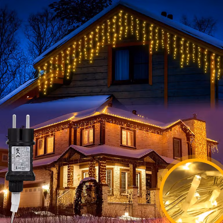 Ikodm, 400 LED, catena luminosa a forma di cristallo di ghiaccio, 10 metri, luce bianca calda, 8 effetti luminosi con funzione di memorizzazione, decorazioni natalizie per finestre e feste