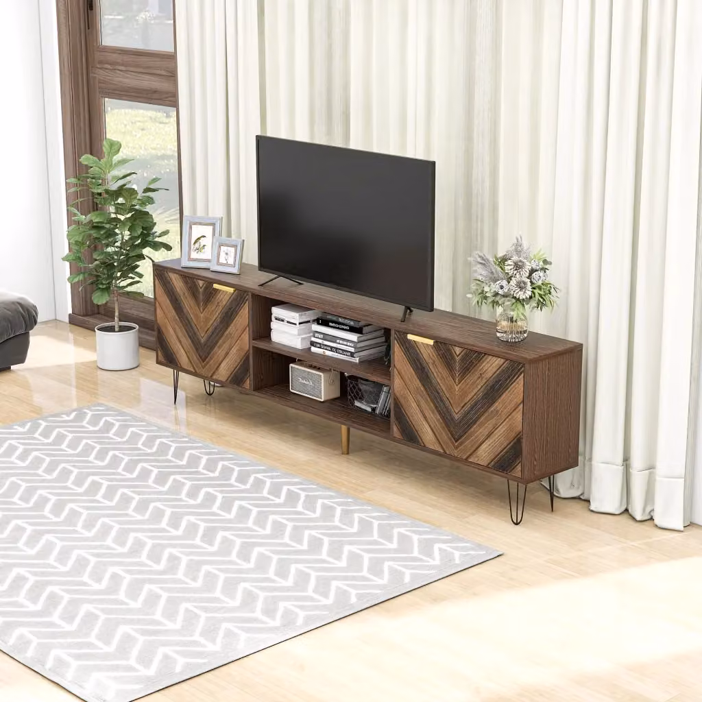 Mobile TV MINIMAL in legno massello marrone con 2 ante, cassetti, piedini in ferro e maniglie dorate L: 155 cm, P: 38 cm, H: 48 cm – 2