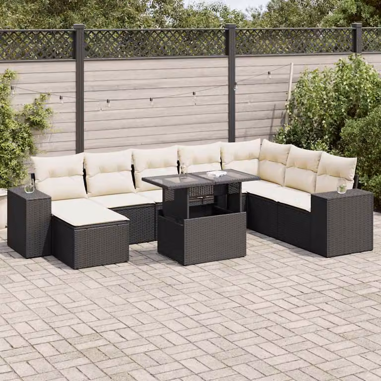 Set di divani da giardino vidaXL 9 pz in polyrattan nero con cuscini e tavolino da esterno a forma di L