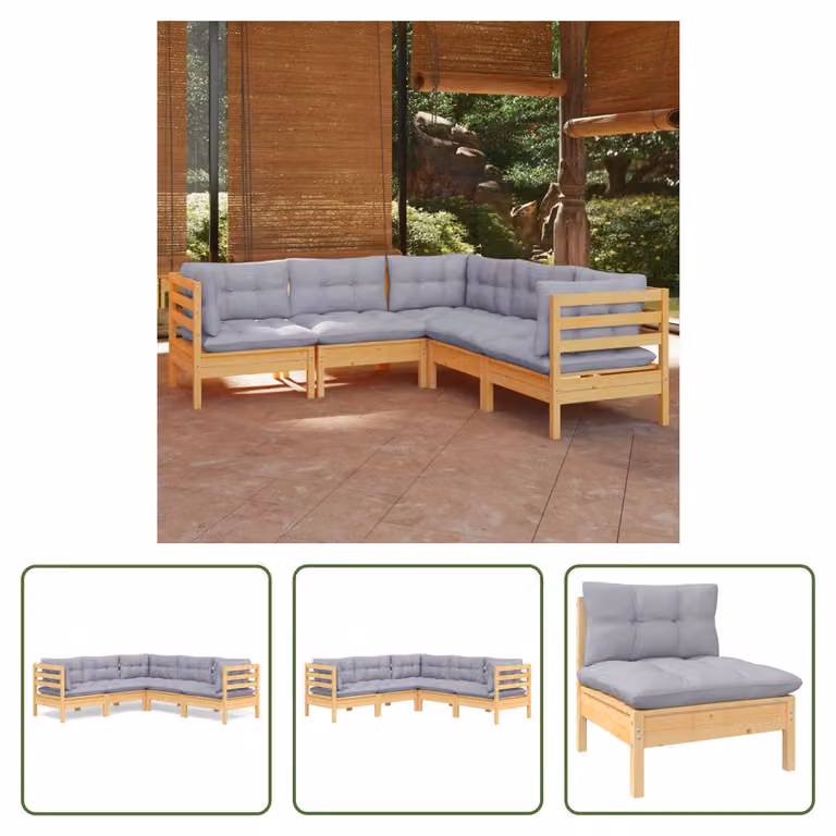 The Living Store Set da salotto da giardino 5 pezzi con cuscini grigi in legno di pino massiccio