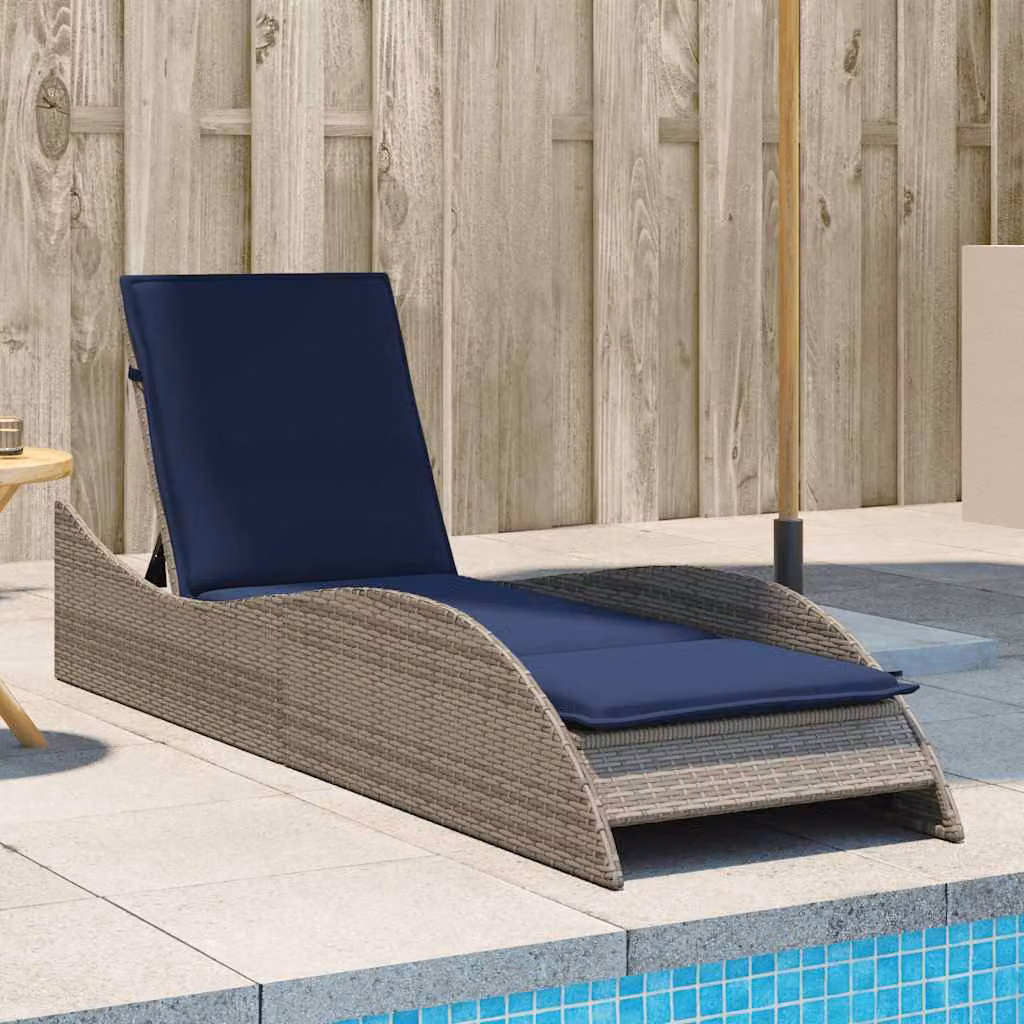 vidaXL Lettino Prendisole in Polyrattan con Cuscino Grigio e Blu L/P/H: 205 x 60 x 73 cm