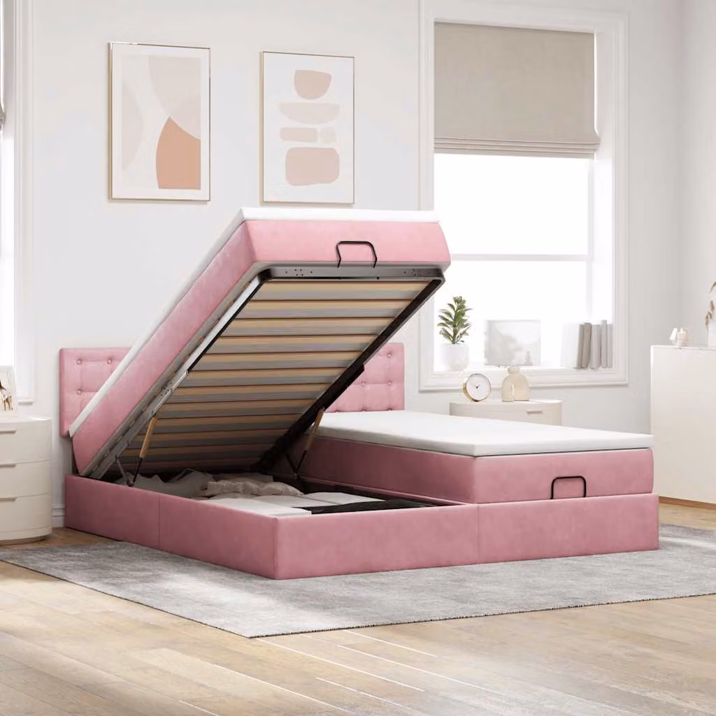 Letto con contenitore a sollevamento vidaXL in velluto rosa e bianco con materasso L: 160 cm, P: 200 cm, H: 280 cm