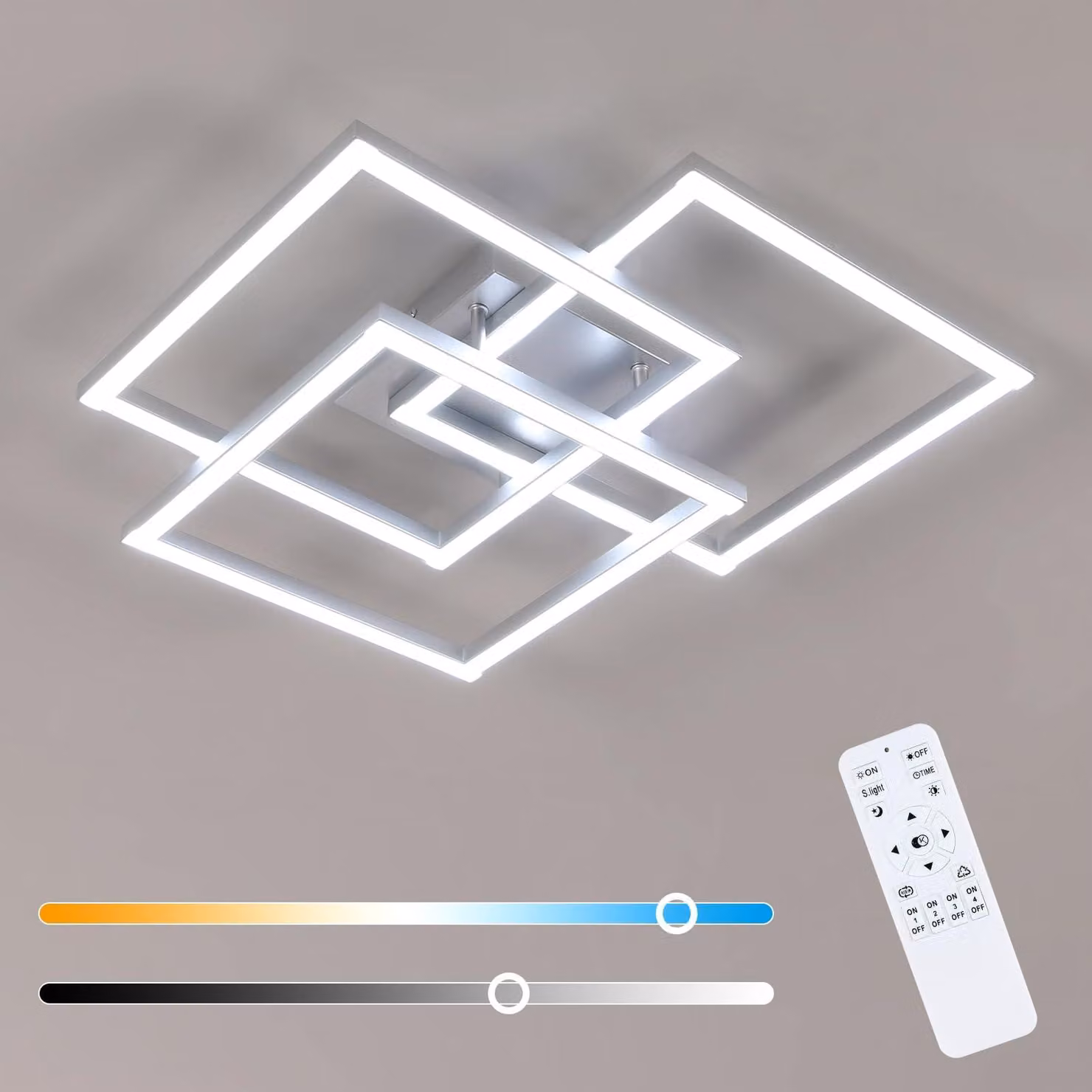 Plafoniera LED Mckalen, dimmerabile, 40W, 4500LM. Plafoniera LED moderna, argento, di grandi dimensioni, quadrata, con telecomando, regolabile da 3000K a 6500K, ideale per camere da letto, soggiorni eda pranzo. Dimensioni: 62CM – 3 pezzi