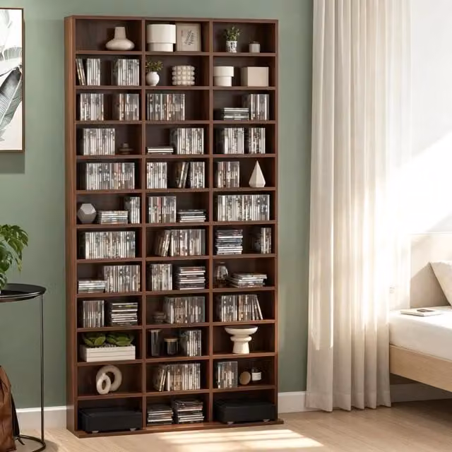 Scaffale moderno, libreria alta con molti scomparti per libri, CD e decorazioni, per soggiorno o studio (solo scaffale)