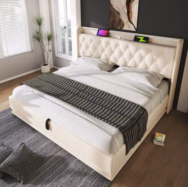 Letto matrimoniale 140x200 cm con LED; contenitore idraulico; USB e Type-C; PU bianco