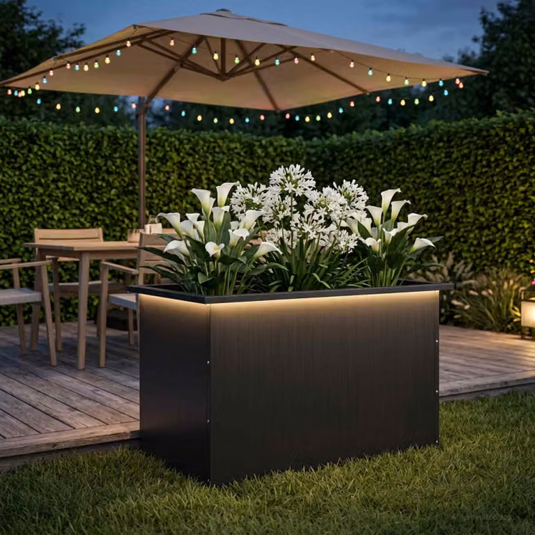 Fioriera da giardino moderna vidaXL con LED in acciaio nero L 80 x P 50 x H 48 cm
