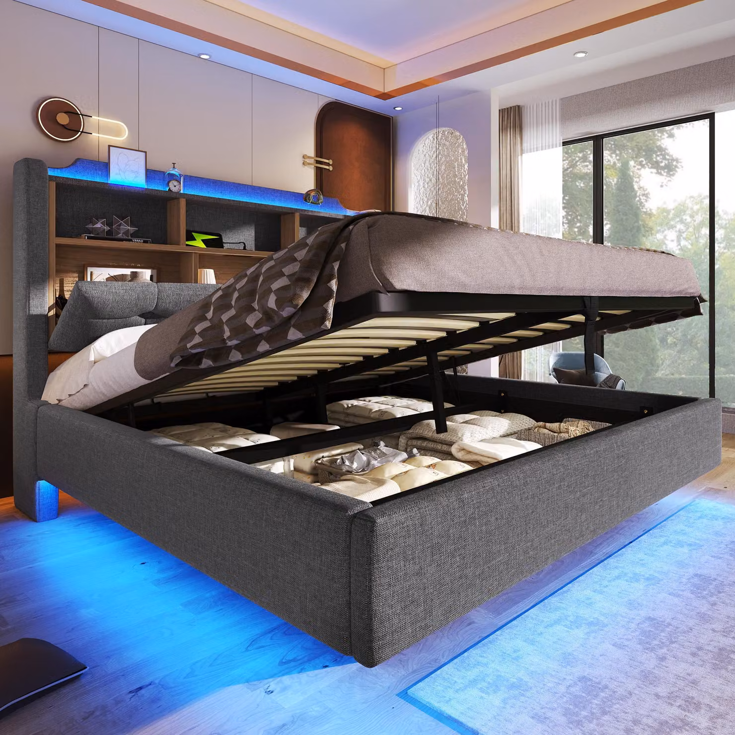 Letto imbottito idraulico Flieks 140x200cm con connessioni USB e tipo C, letto contenitore letto matrimoniale con led, biancheria per ragazzi, grigio