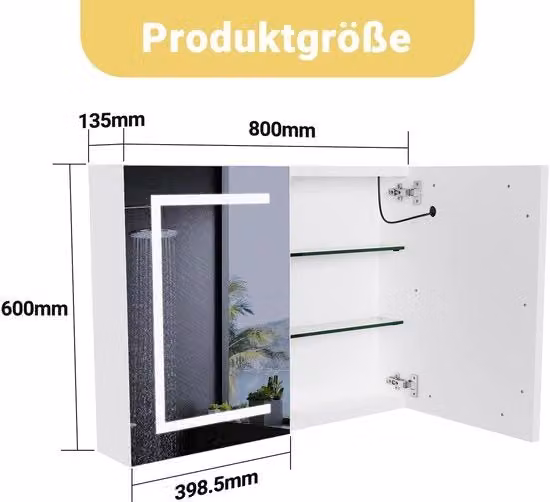 Cassa da bagno intelligente - Illuminazione LED - Montaggio a parete - 80x60cm - Bianco