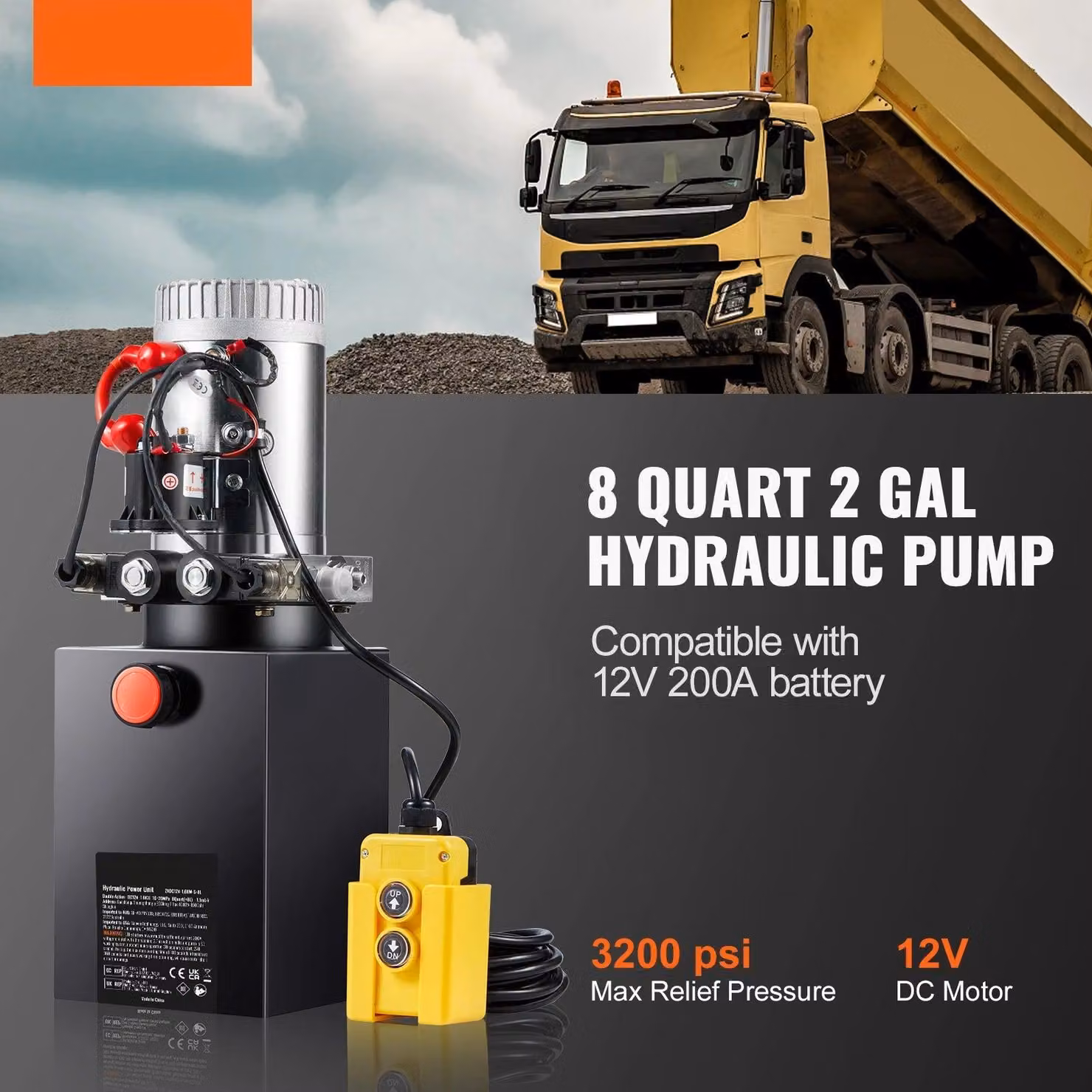Pompa idraulica 12V - Pompa a doppio effetto - Motore da 1,6 kW - 220 bar - Serbatoio da 7,5 litri