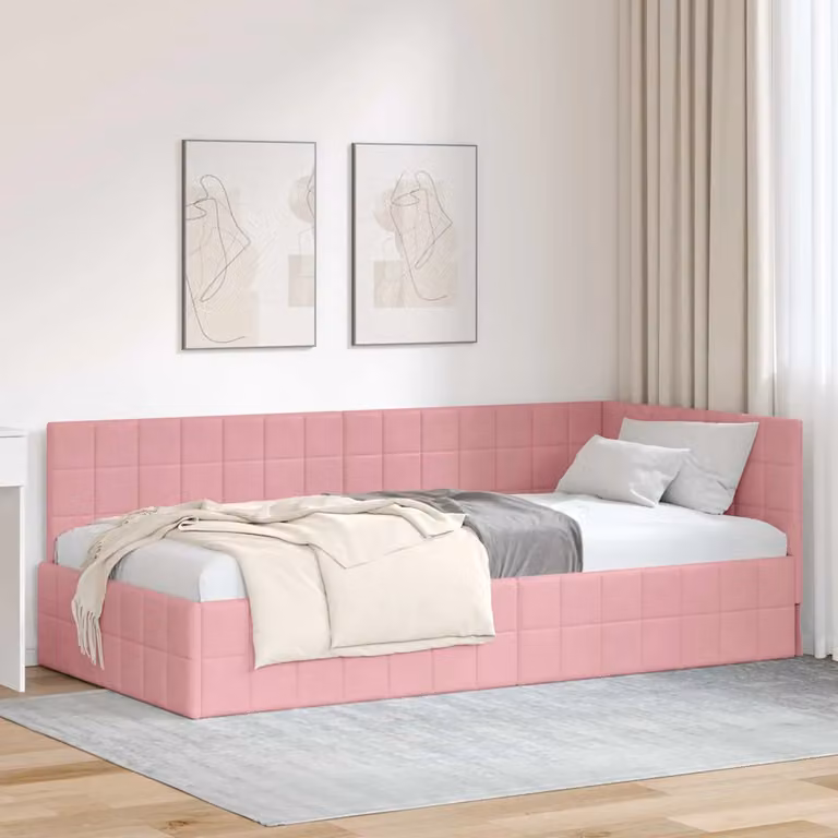 Cornice del letto ad angolo vidaXL in velluto rosa, L/P/H: 190 x 90 x 94 cm