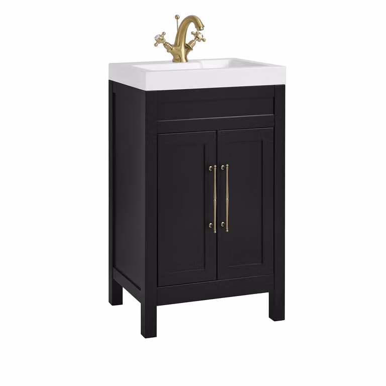 Mobile Bagno Grigio Nero da 500mm con Lavabo e Maniglia Classica con Barra a T in in Oro Satinato - Warwick