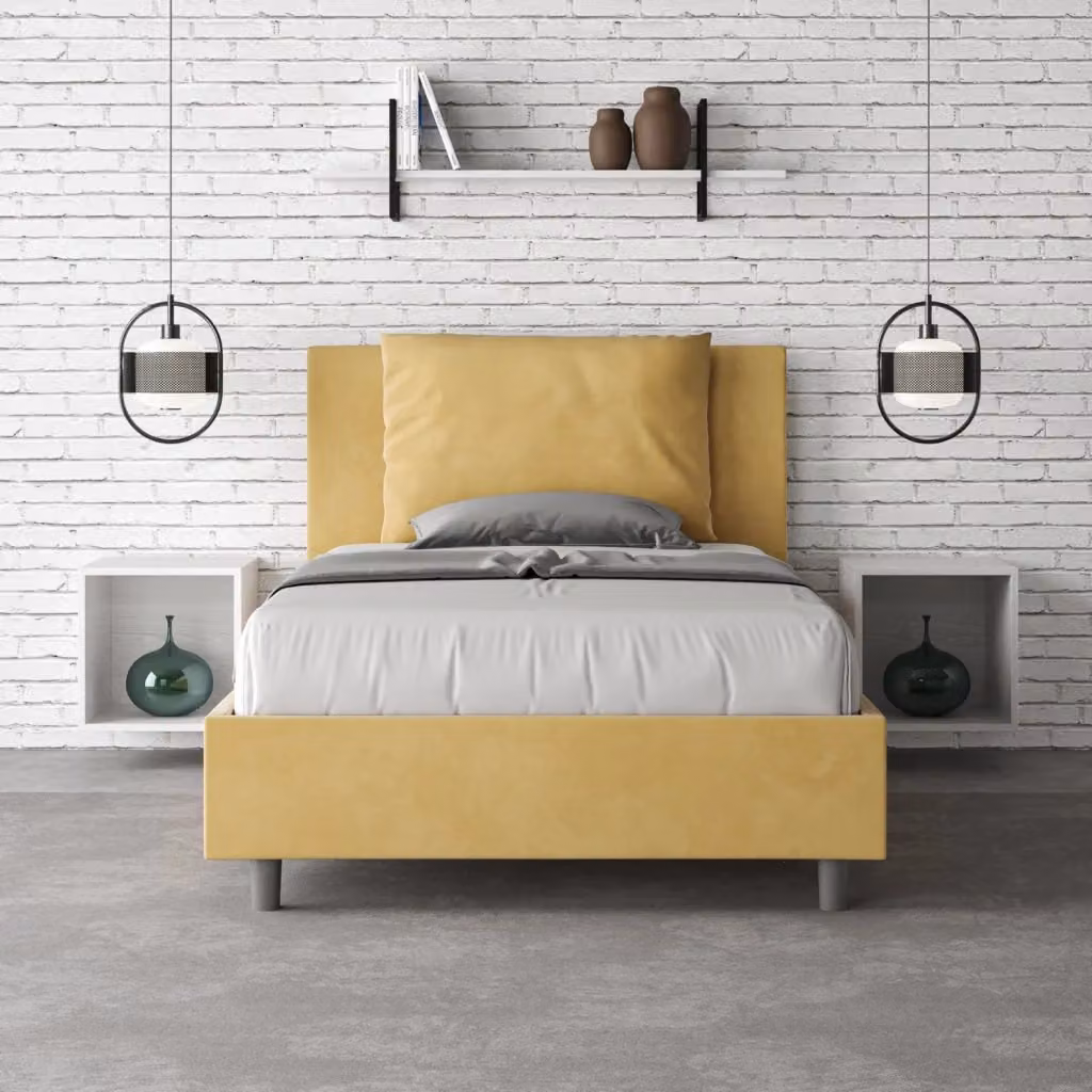 Letto matrimoniale moderno GIORDANOSHOP in tessuto microfibra giallo con rete a doghe fisse L/P/H: 135 x 202 x 110 cm – 2
