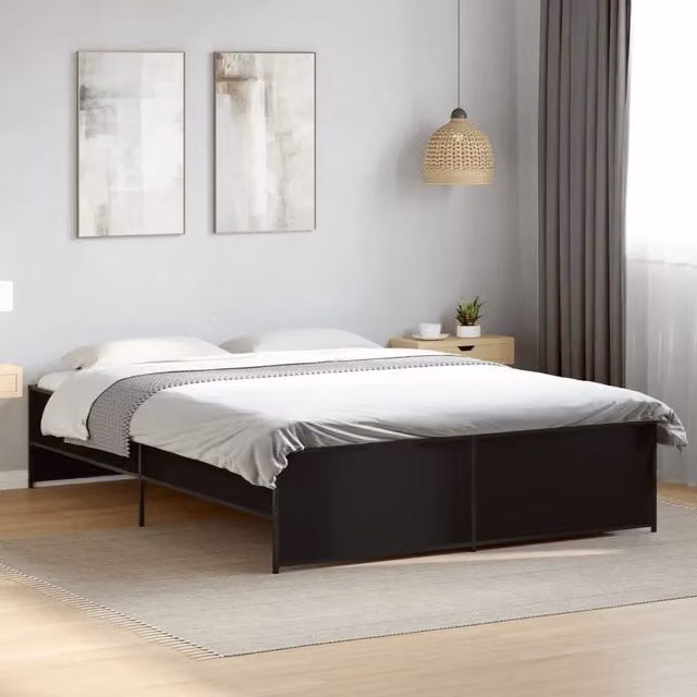 Letto Giroletto Nero vidaXL in Legno Multistrato e Metallo L: 150 cm, P: 200 cm – 1