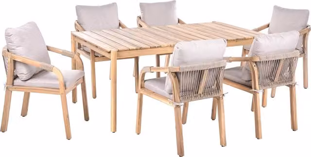 Set da pranzo da giardino Beliani in legno di acacia marrone, composto da tavolo rettangolare e 6 sedie in stile rustico per esterni