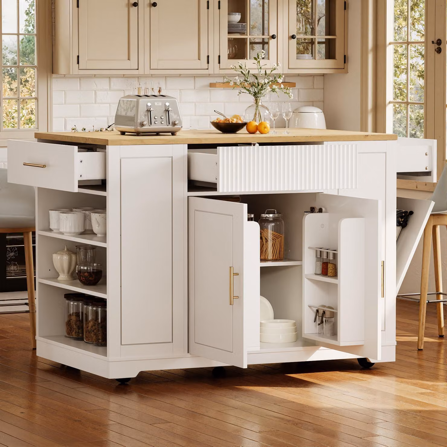 Isola cucina STILVORA con ruote e ripiani regolabili, armadio da cucina Carrello da cucina con scomparto per rifiuti e spazio di stoccaggio, credenza Mobile ausiliario con cassetti, bianco