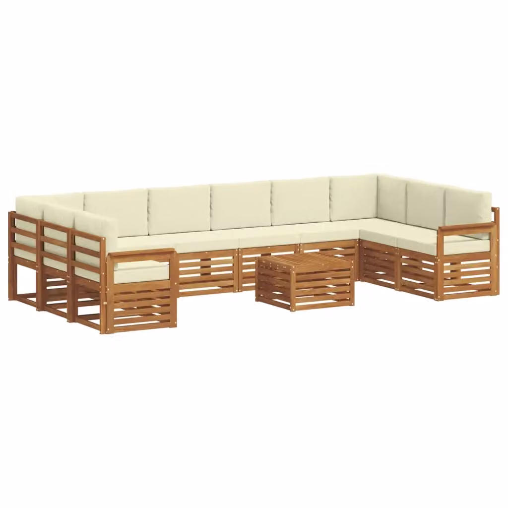 Set di divani da esterno vidaXL a forma di U in legno di acacia con tavolino e cuscini, beige e bianco, 11 pezzi – 2