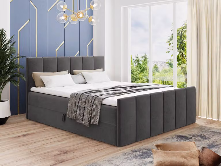 Letto boxspring Star Lux con pediera, 2 cassetti e coprimaterasso - Letto matrimoniale con coprimaterasso, materasso Bonell, letto imbottito, letto (grigio scuro (Kronos 22), 160 x 200 cm)