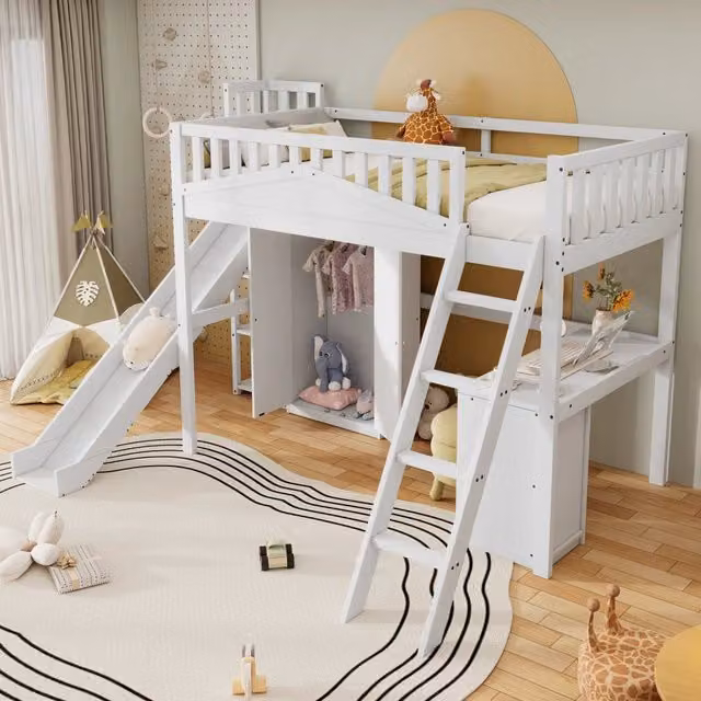 Letto a castello per bambini 90x200 cm con scrivania, armadio integrato, scivolo e scala, bianco