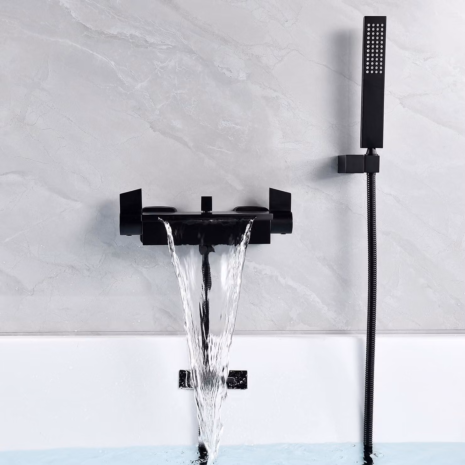 Miscelatore per lavabo a cascata, da montare a parete, 135-170 mm, colore nero