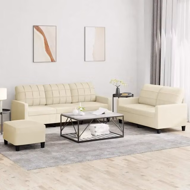 Set di divani moderno vidaXL in similpelle beige composto da divano a 3 posti, divano a 2 posti e pouf con cuscini inclusi