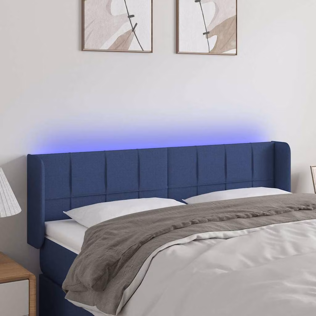 Testiera per letto vidaXL in tessuto blu con illuminazione LED integrata e porta di ricarica USB, L: 147 cm, P: 16 cm, H: 78-88 cm