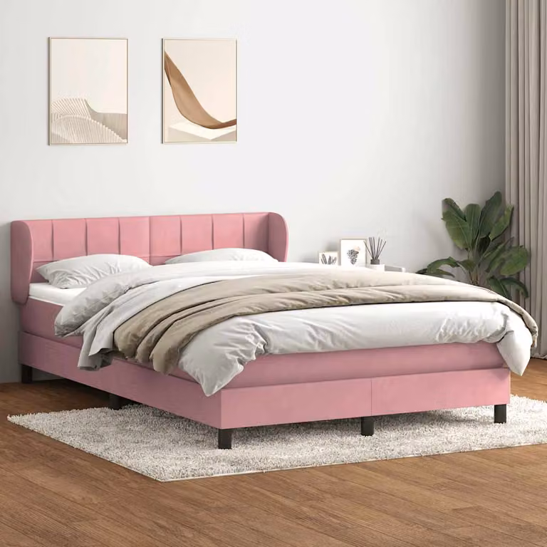 vidaXL Giroletto a Molle con Materasso Ibrido in Velluto Rosa e Bianco L: 147 cm, P: 223 cm, H: 88 cm